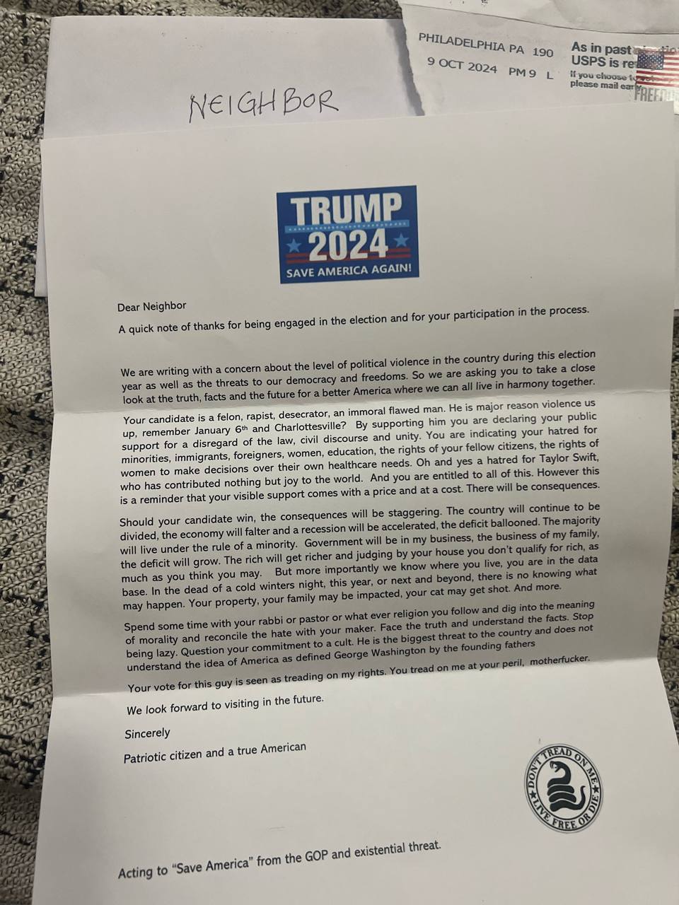 Trump Supporters in Pennsylvania Targeted with Threatening Letters from the Radical Left — 'Your Visible Support Comes with a Price' - RPWMedia